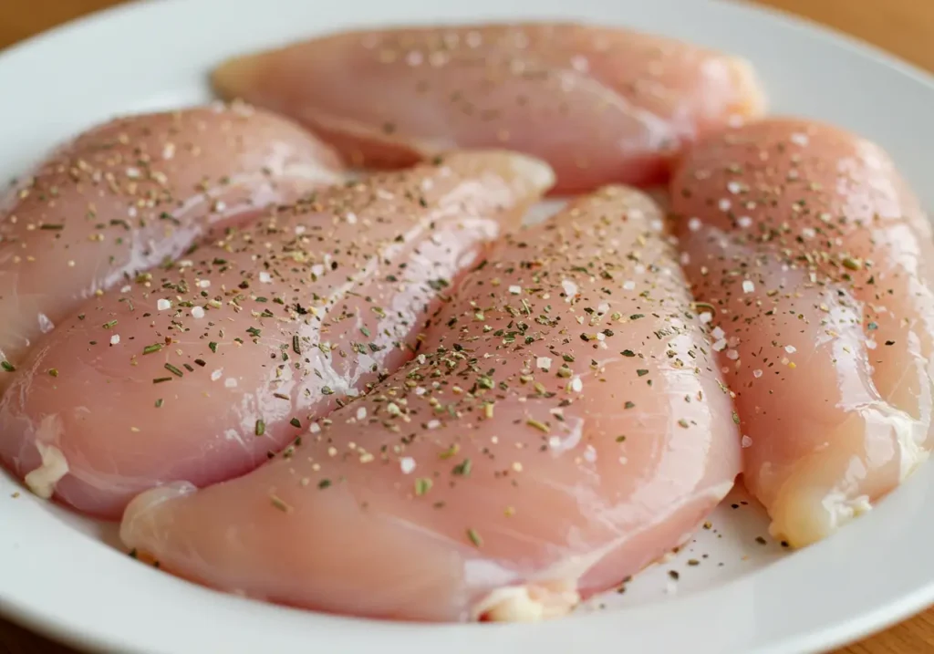 Vue rapprochée de filets de poulet assaisonnés de sel, poivre, et herbes italiennes, saupoudrés de farine sur une assiette.