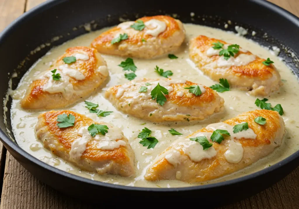 Filets de poulet nappés de sauce crémeuse à l’ail dans la poêle, garnis de persil frais haché, prêts à être servis.
