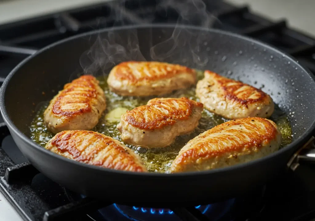 Filets de poulet dorés en train de cuire dans une grande poêle chaude avec de l’huile d’olive et du beurre fondant.