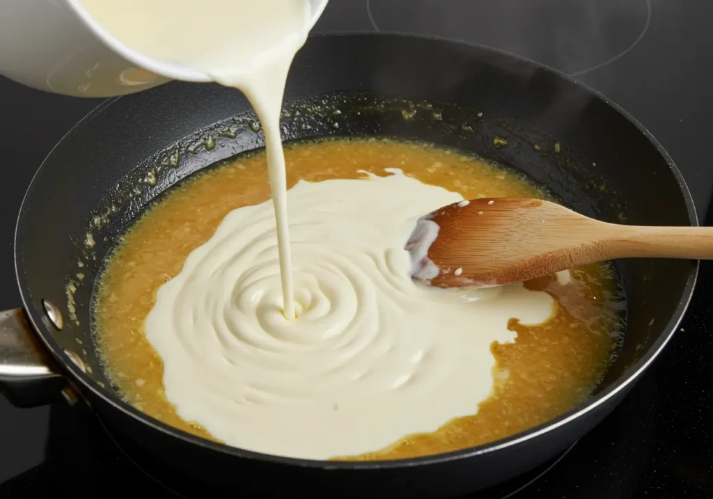 Vue du bouillon de poulet et de la crème épaisse versés dans la poêle, mélangés avec une cuillère en bois pendant que la sauce épaissit.