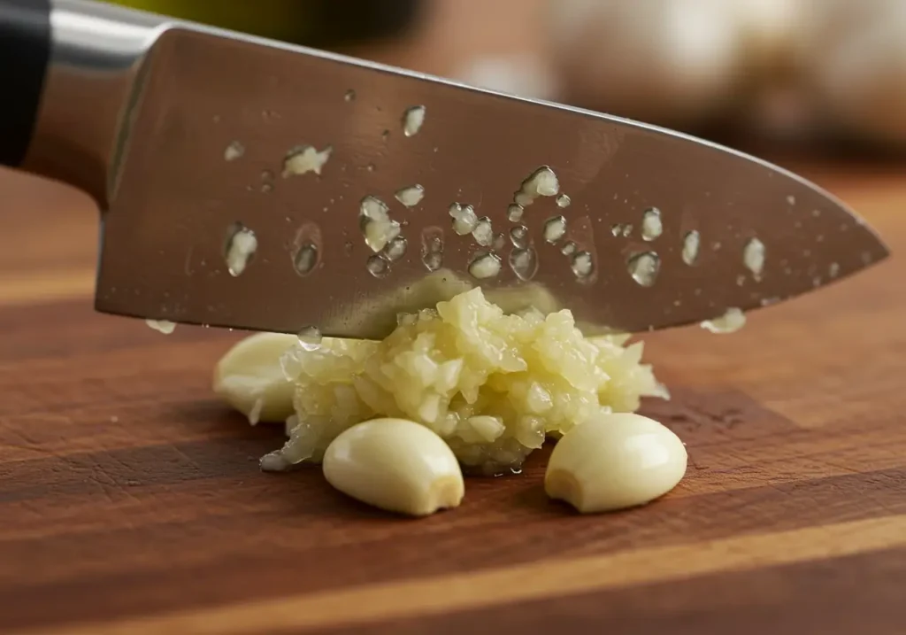 Image montrant des gousses d’ail épluchées et écrasées sous la lame d’un couteau de chef.