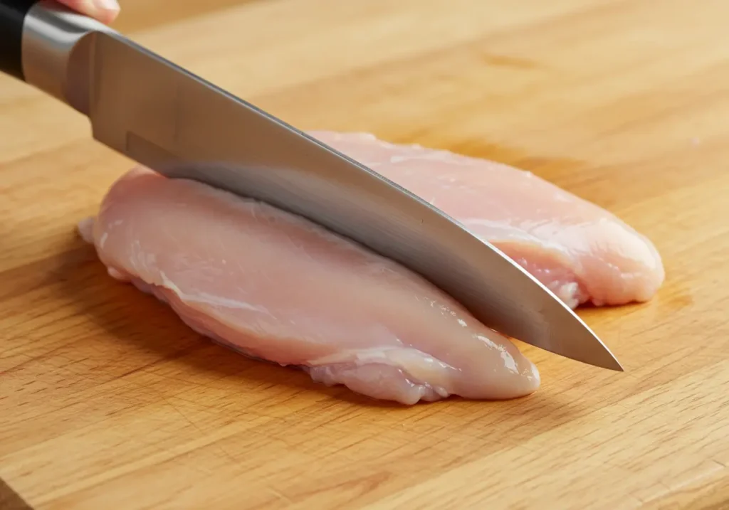 Image d’un couteau tranchant en train de couper une poitrine de poulet en deux filets fins sur une planche à découper.