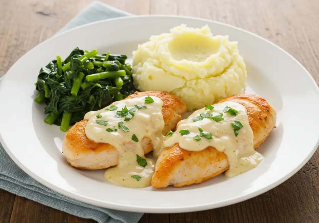  d’un plat appétissant de filets de poulet dorés nappés d’une sauce crémeuse à l’ail, garnis de persil frais haché, accompagnés de purée de pommes de terre et de légumes verts vapeur, prêts à être dégustés.