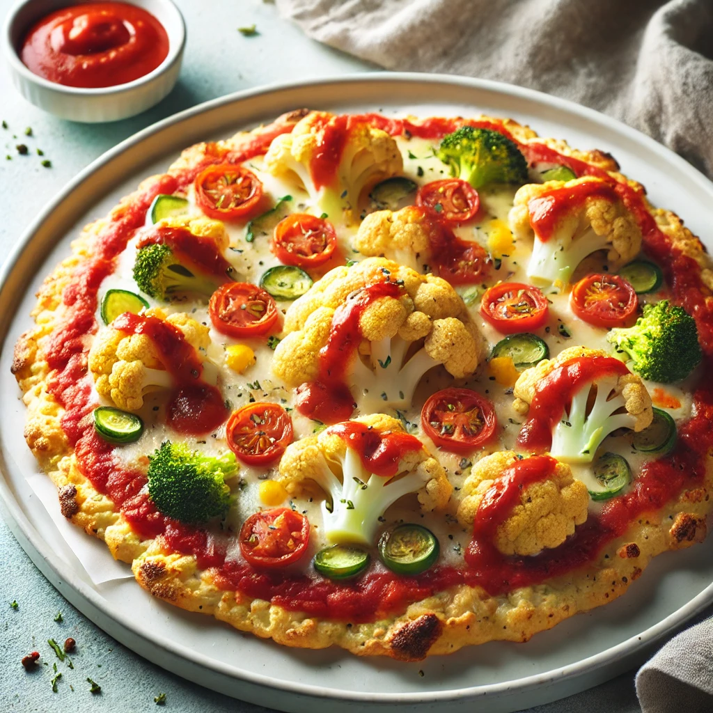 A-low-carb-cauliflower-pizza-topped-with-marinara-sauce-cheese-and-veggies-served-on-a-clean-white-plate.-The-pizza-looks-golden-and-delicious-wit