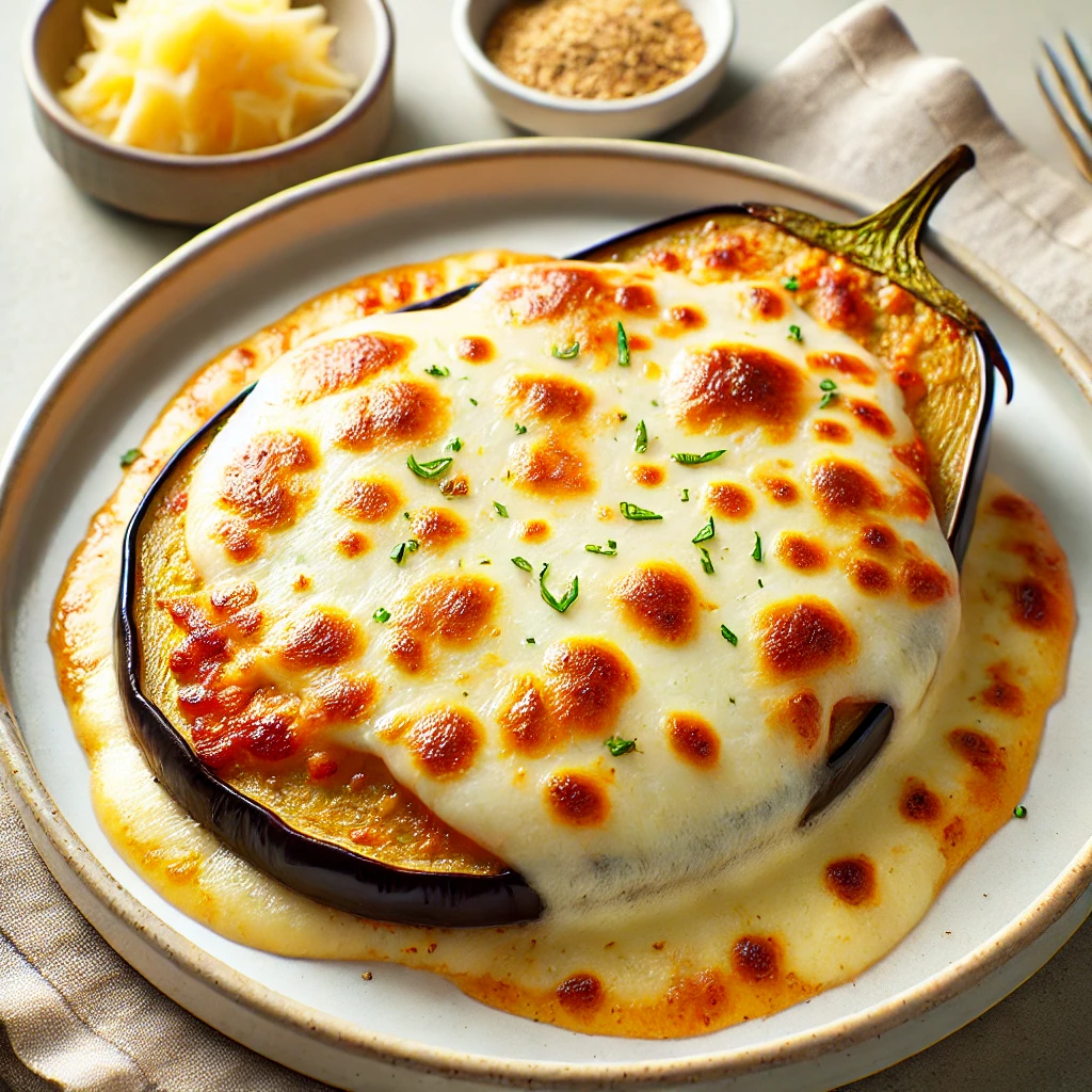 A-plate-of-baked-low-carb-eggplant-Parmesan-topped-with-melted-mozzarella-and-Parmesan-cheese-served-on-a-clean-white-plate.-The-dish-looks-golden-an A-plate-of-baked-low-carb-eggplant-Parmesan-topped-with-melted-mozzarella-and-Parmesan-cheese-served-on-a-clean-white-plate.-The-dish-looks-golden-an