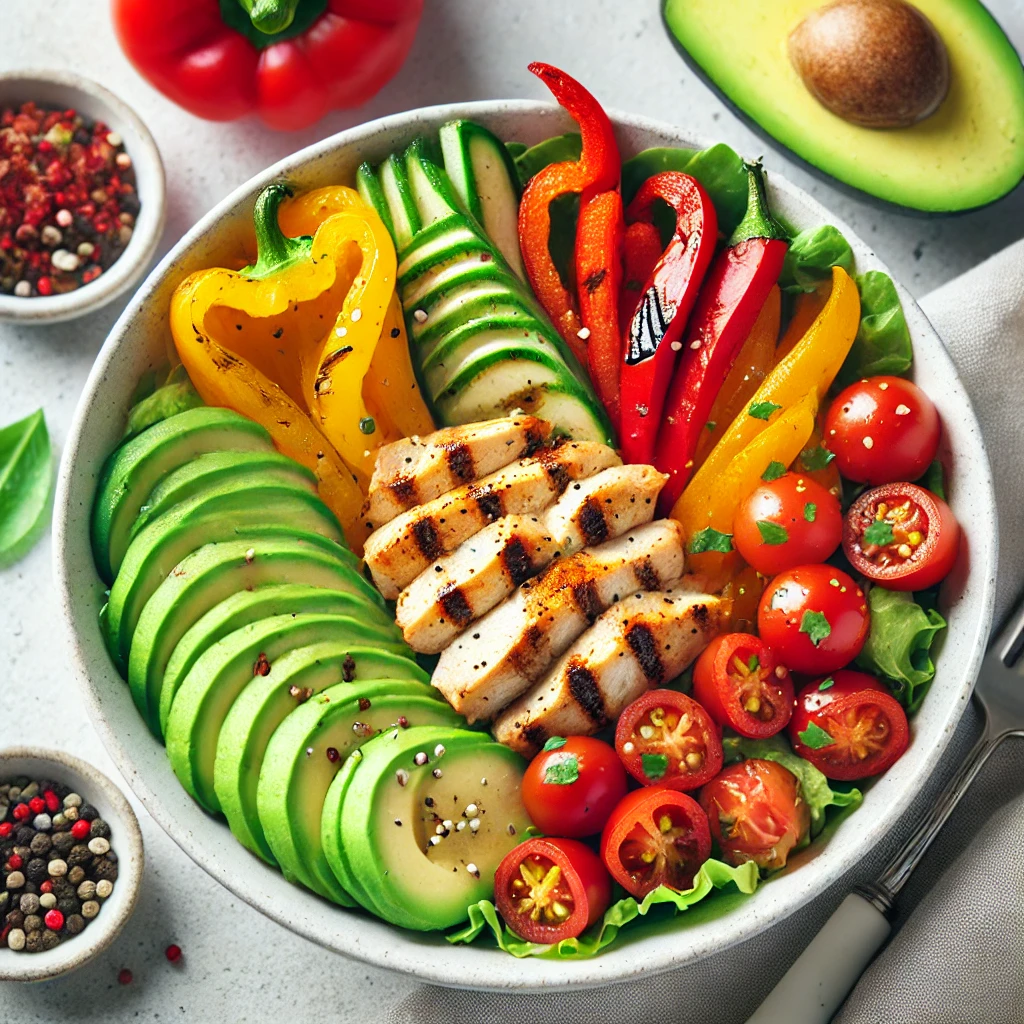 A-vibrant-low-carb-chicken-fajita-bowl-with-grilled-chicken-bell-peppers-and-sliced-avocado-served-in-a-clean-white-bowl.-The-ingredients-look-fres