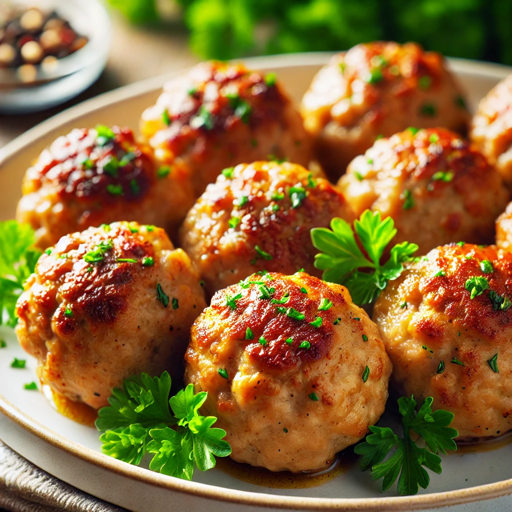Golden-brown-low-carb-turkey-meatballs-garnished-with-fresh-parsley-served-on-a-white-plate.-The-meatballs-look-tender-and-juicy-perfect-for-a-healt Golden-brown-low-carb-turkey-meatballs-garnished-with-fresh-parsley-served-on-a-white-plate.-The-meatballs-look-tender-and-juicy-perfect-for-a-healt