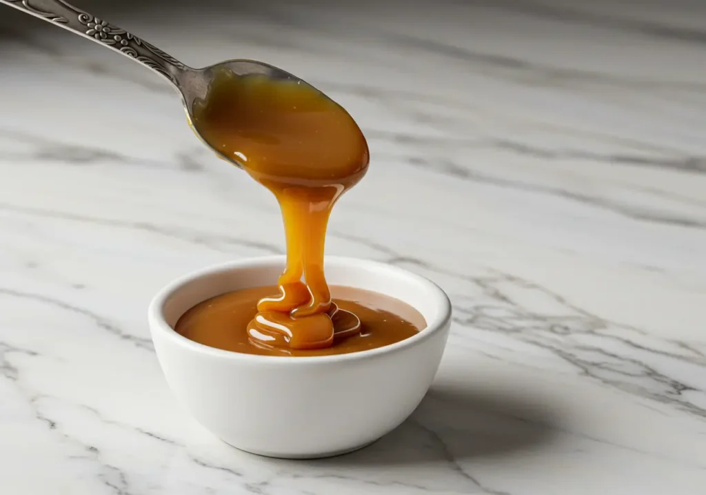 Caramel ambré coulant délicatement d'une cuillère