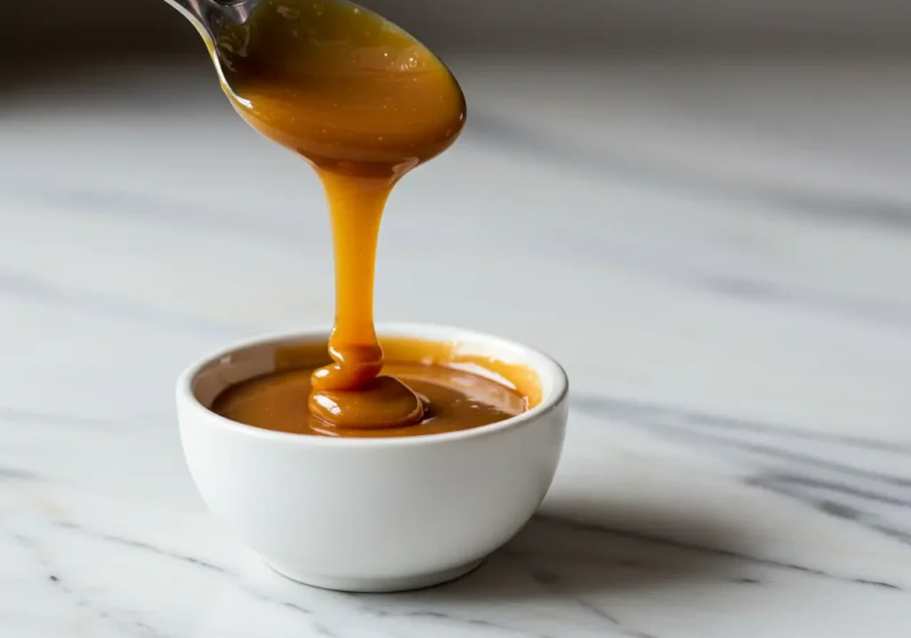Caramel ambré coulant délicatement d'une cuillère.