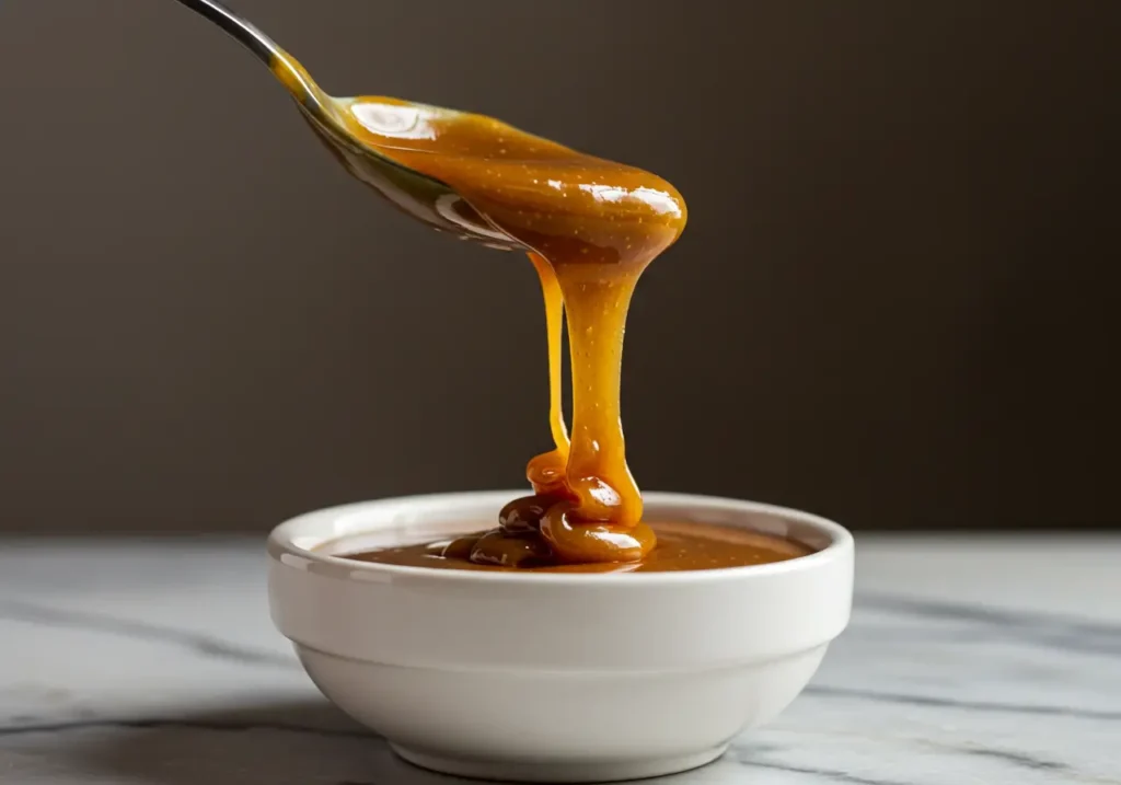 Caramel coulant délicatement d'une cuillère
