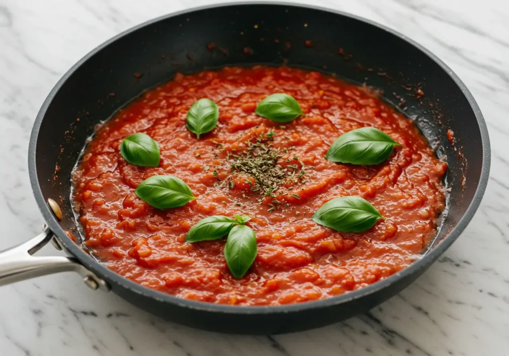 Herbes de Provence et basilic frais ajoutés à la sauce tomate 