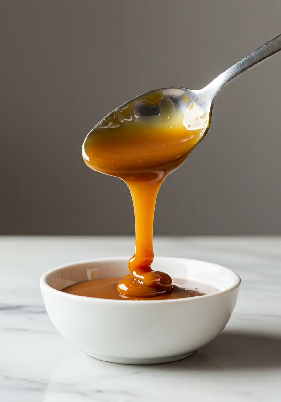 Caramel ambré coulant délicatement d'une cuillère