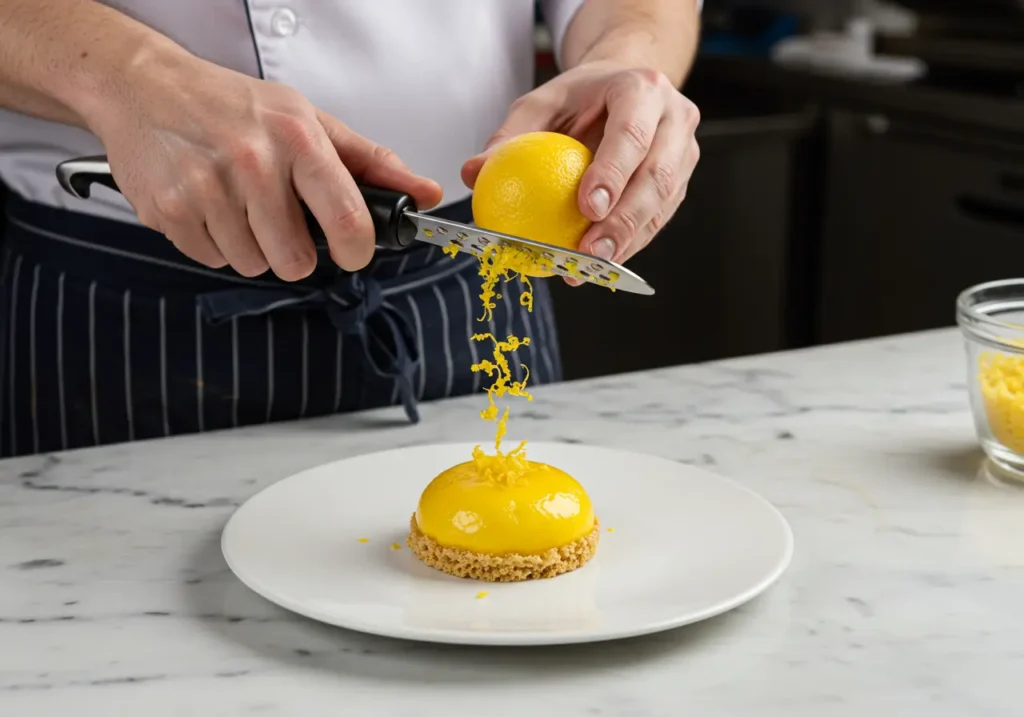 Chef pâtissier zestant un citron au-dessus d'une préparation