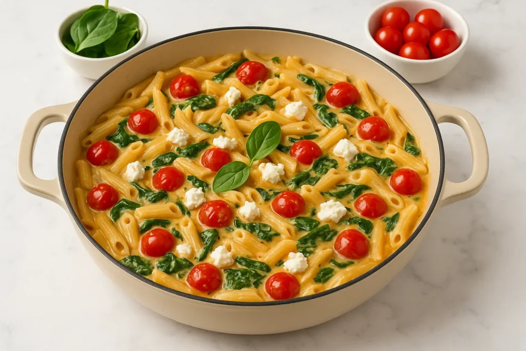 One pot pasta crémeux tomates cerises, épinards & chèvre