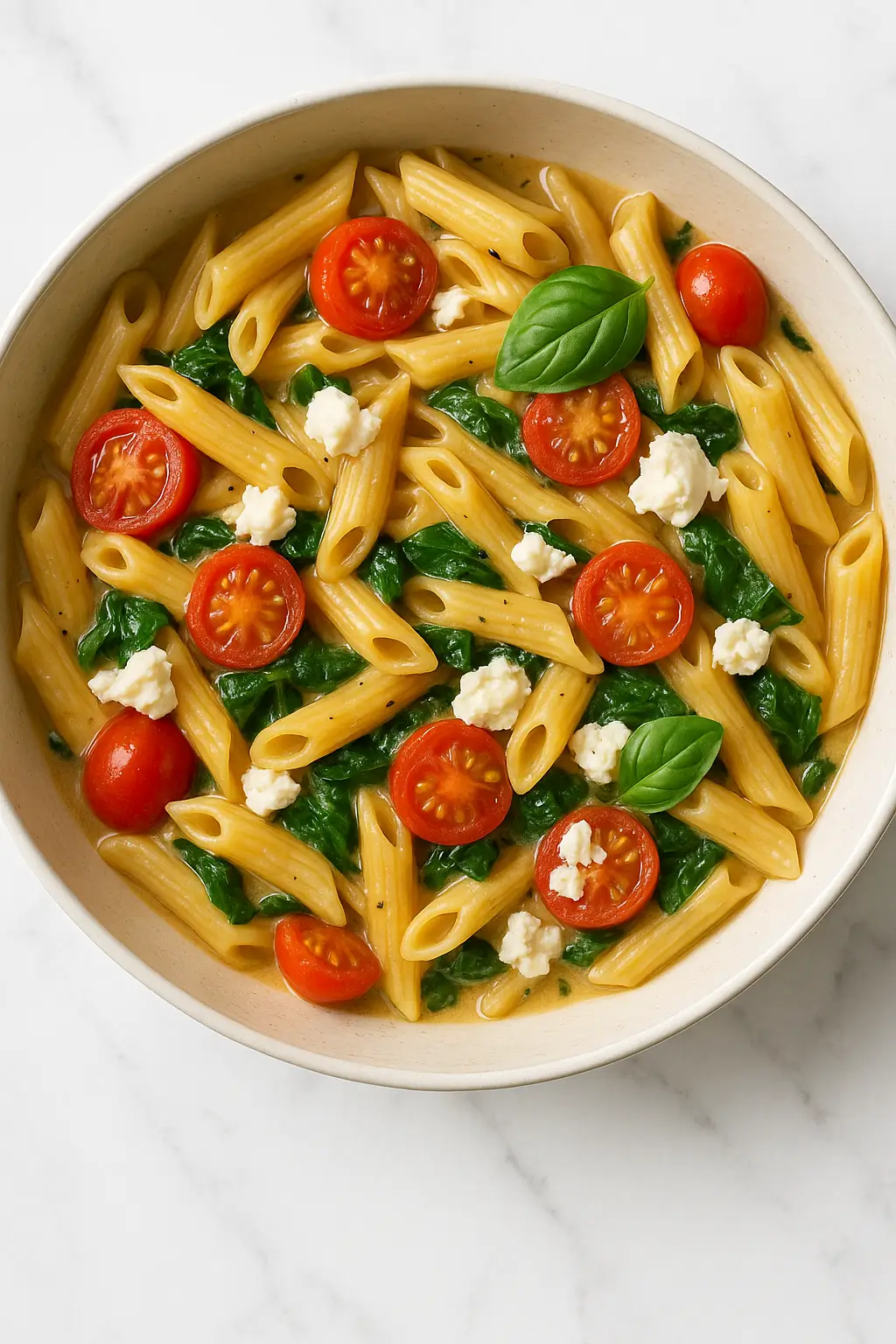 One pot pasta crémeux tomates cerises, épinards & chèvre
