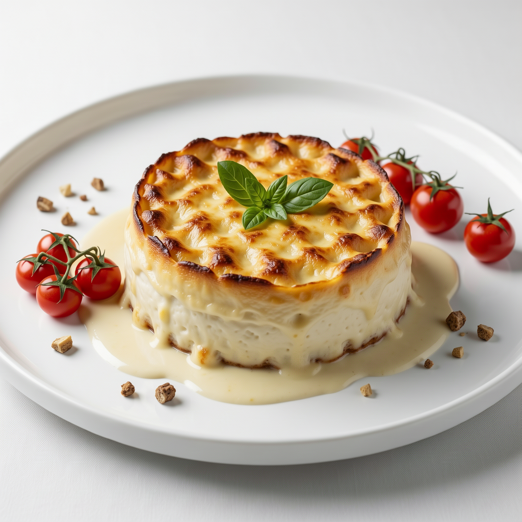 Professional food photography of Gratin Dauphinois Crémeux La Meilleure Recette Maison, mouthwatering presentation, studio lighting, clean white plate, fresh ingredients, 4K resolution, appetizing, high quality, centered composition