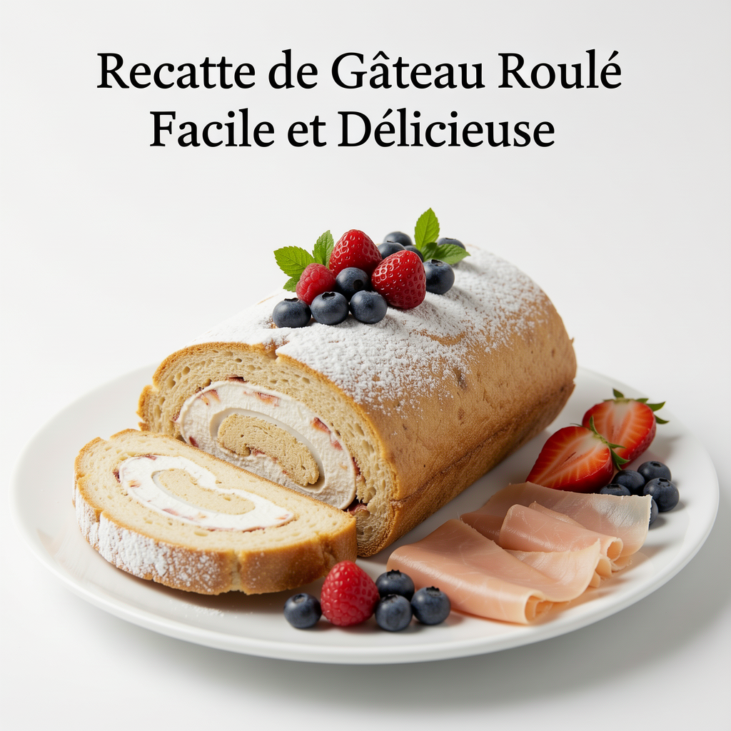 Professional food photography of Recette de Gâteau Roulé Facile et Délicieuse, mouthwatering presentation, studio lighting, clean white plate, fresh ingredients, 4K resolution, appetizing, high quality, centered composition