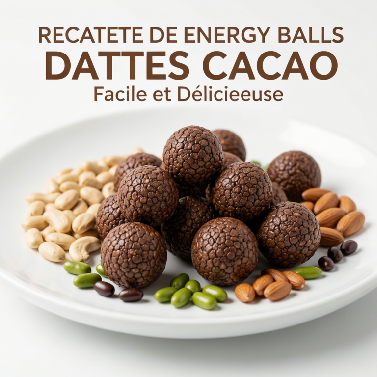 Professional food photography of Recette de Energy Balls Dattes Cacao Facile et Délicieuse, mouthwatering presentation, studio lighting, clean white plate, fresh ingredients, 4K resolution, appetizing, high quality, centered composition