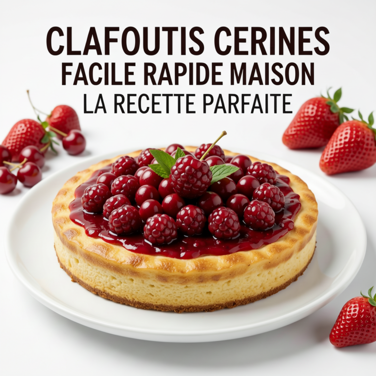 Professional food photography of Clafoutis Cerises Facile Rapide Maison La Recette Parfaite, mouthwatering presentation, studio lighting, clean white plate, fresh ingredients, 4K resolution, appetizing, high quality, centered composition
