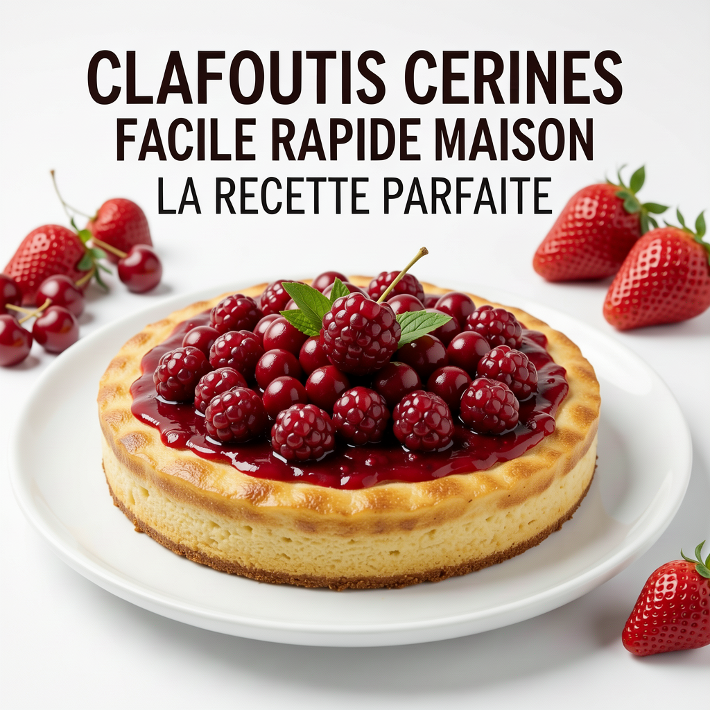 Professional food photography of Clafoutis Cerises Facile Rapide Maison La Recette Parfaite, mouthwatering presentation, studio lighting, clean white plate, fresh ingredients, 4K resolution, appetizing, high quality, centered composition