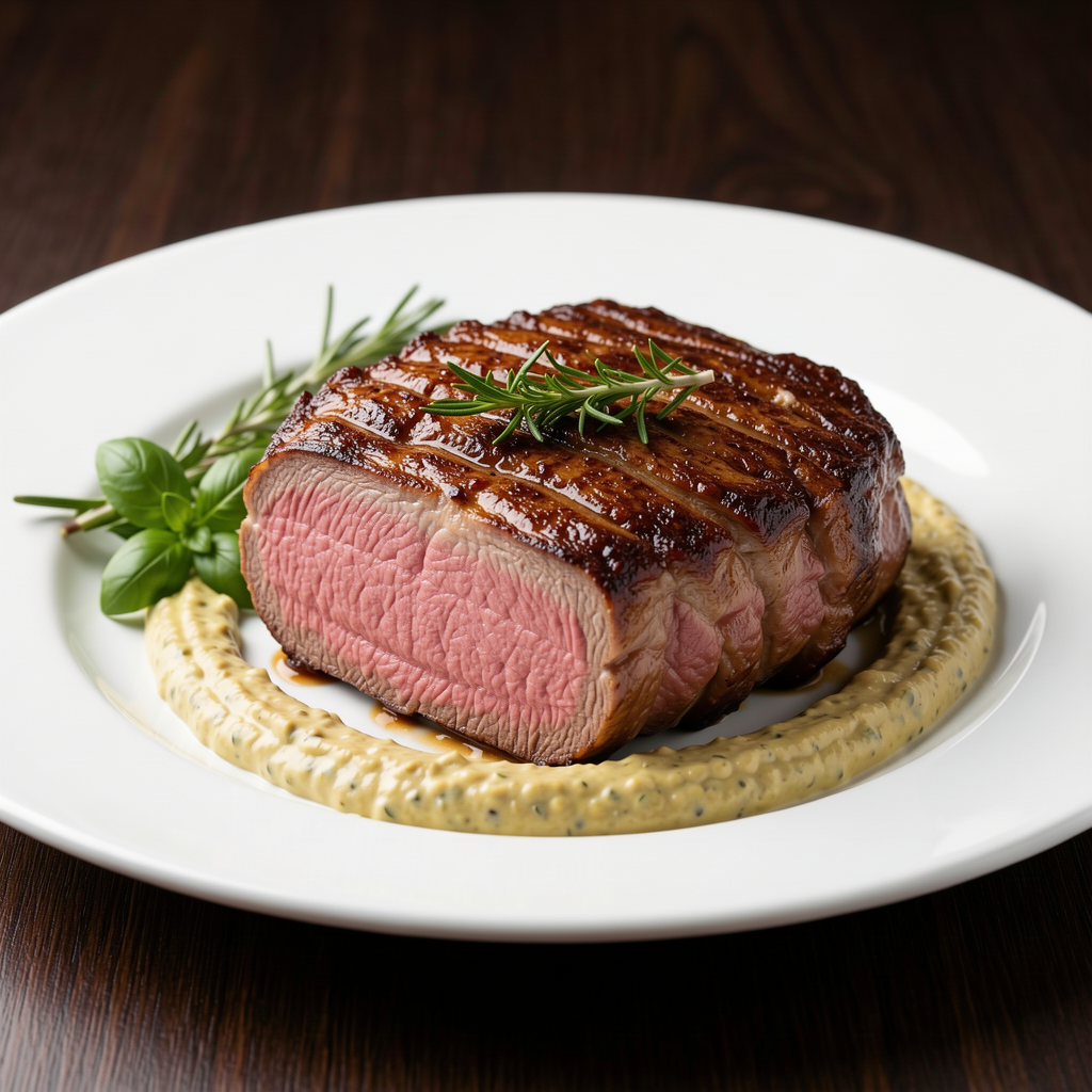 Professional food photography of Filet Mignon Porc Moutarde La Meilleure Recette Maison, mouthwatering presentation, studio lighting, clean white plate, fresh ingredients, 4K resolution, appetizing, high quality, centered composition