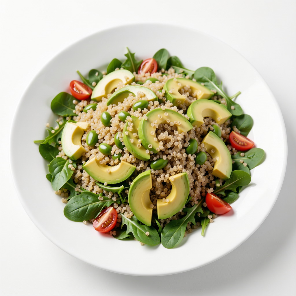 Professional food photography of Salade Quinoa Avocat La Meilleure Recette Maison, mouthwatering presentation, studio lighting, clean white plate, fresh ingredients, 4K resolution, appetizing, high quality, centered composition