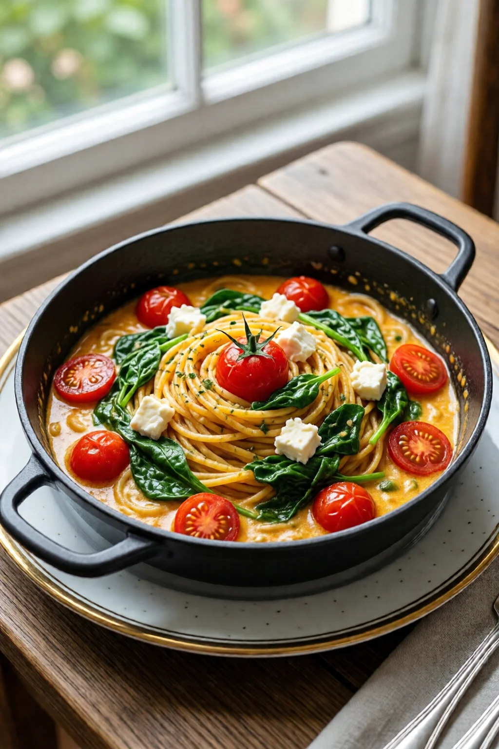 one pot pasta cremeux tomates cerises epinards chevre